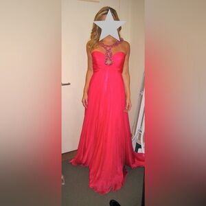 Size 14 SHERRI HILL Hot Pink Halter Gown with Gems